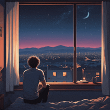 a man sits on a bed looking out of a window at a city at night