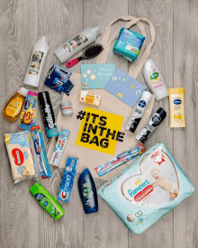 a bag that says it 's in the bag is surrounded by various products