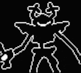 a black and white pixel art of a person with a star in the background .