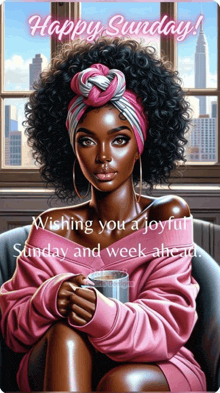 a painting of a woman sitting in front of a window with the words happy sunday