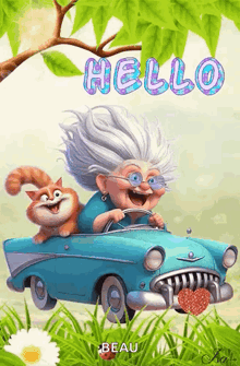 an elderly woman is driving a car with a cat on the back .