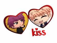 a couple of heart shaped mirrors with the word kiss on the bottom