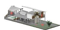 an isometric view of a house with a pool and a palm tree