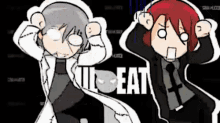 a couple of cartoon characters standing next to each other with the words kill eat in the corner