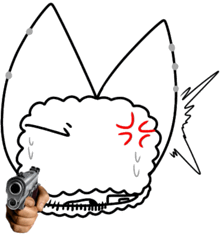 a hand is holding a gun in front of a drawing of an angry face