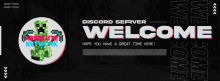 a discord server welcome banner with a creeper and the words " hope you have a great time here "