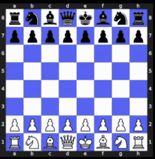 a blue and white chess board with black pieces