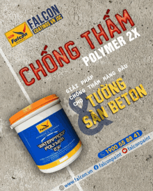 a bucket of falcon coatings waterproof polymer 2x sits on a concrete surface