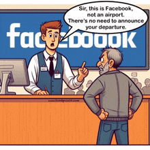 a cartoon of a man standing in front of a facebook logo