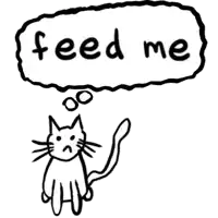 a black and white drawing of a cat with a speech bubble that says feed me