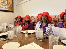 a woman in a red hat sits at a table with a habitat menu