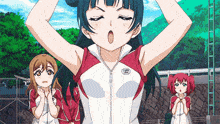 a group of anime girls are standing next to each other on a field with their arms outstretched .