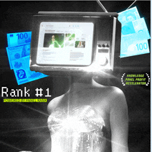 a woman with a tv on her head has rank # 1 written on the bottom