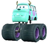 a monster truck with purple tires and horns