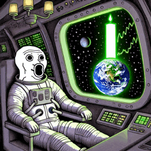 a cartoon of an astronaut looking out a window at the earth with a candle in it