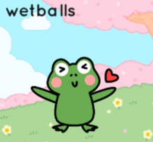 a frog is holding a heart in a field with the words wetballs written above it