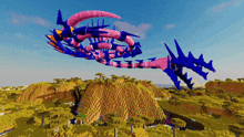 a computer generated image of a purple and blue dragon flying over a field