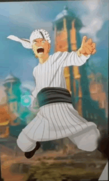 a cartoon of a man in a white striped shirt jumping in the air