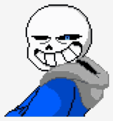 a pixel art drawing of a skeleton with blue eyes and a blue jacket .