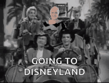 a group of people in a car with the words going to disneyland on the bottom