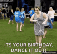 a woman in a dress is dancing in the grass with the words " it 's your birthday , dance it out "