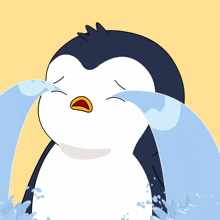 a penguin is crying with water coming out of its mouth