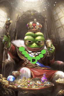 a frog wearing a crown and a necklace with the letter p on it sits on a throne