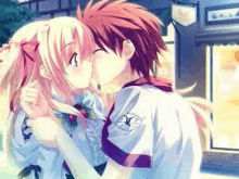 a boy and a girl are kissing in front of a building in an anime .