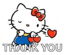 hello kitty is holding a heart in her hand and says thank you .