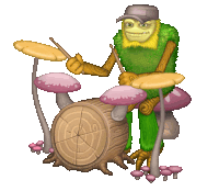 a cartoon character is playing drums on a log