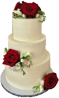 a three tiered cake with red roses on top