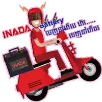 a man is riding a red scooter with a inada battery on the back