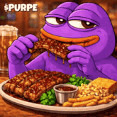 a purple frog is eating ribs and french fries with the words spurpe above him