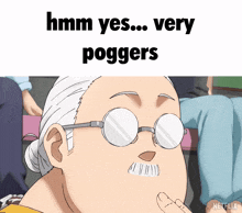 a cartoon of an elderly woman with glasses and the words " hmm yes ... very poggers "
