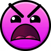 a purple cartoon smiley face with a very angry expression on it 's face .