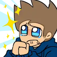 a cartoon drawing of a boy with blue eyes crying