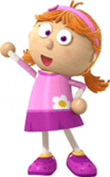 a cartoon girl in a pink dress and purple shoes is standing with her hand up .