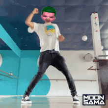 a man wearing a mask is dancing in a room with a moon sama logo on the bottom