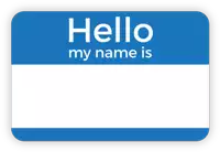 a blue name tag that says " hello my name is "