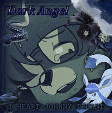 a poster for dark angel shows a snake a bird and a rabbit