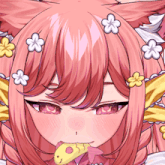 a close up of a girl with pink hair and yellow flowers in her hair