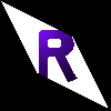 a purple letter r on a white arrow on a black background