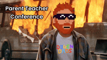 a pixel art of a man wearing sunglasses and a shirt that says d3gen dads