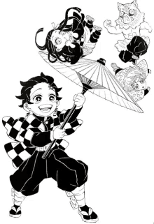 a black and white drawing of a boy holding an umbrella and two girls .