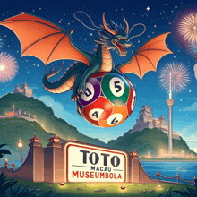 an illustration of a dragon holding a toto macau museumbola ball