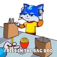 a cartoon of a cat holding a bag of french fries