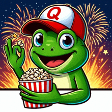 a frog wearing a red hat with the letter q on it