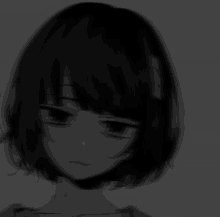 a black and white drawing of a girl with short hair and a sad look on her face .