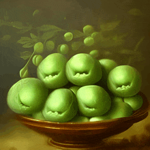 a painting of green apples in a bowl with leaves behind them