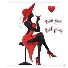 a woman in a red dress is sitting on a bar holding a martini and the words bon fet bel fem